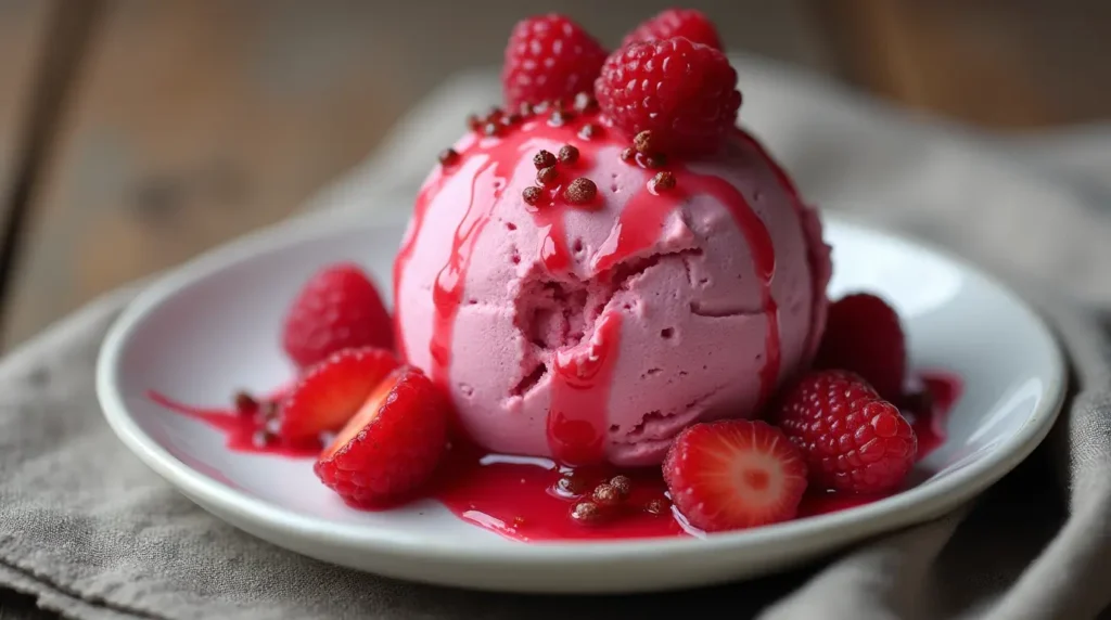 A scoop of strawberry and raspberry ice cream on a dessert plate.