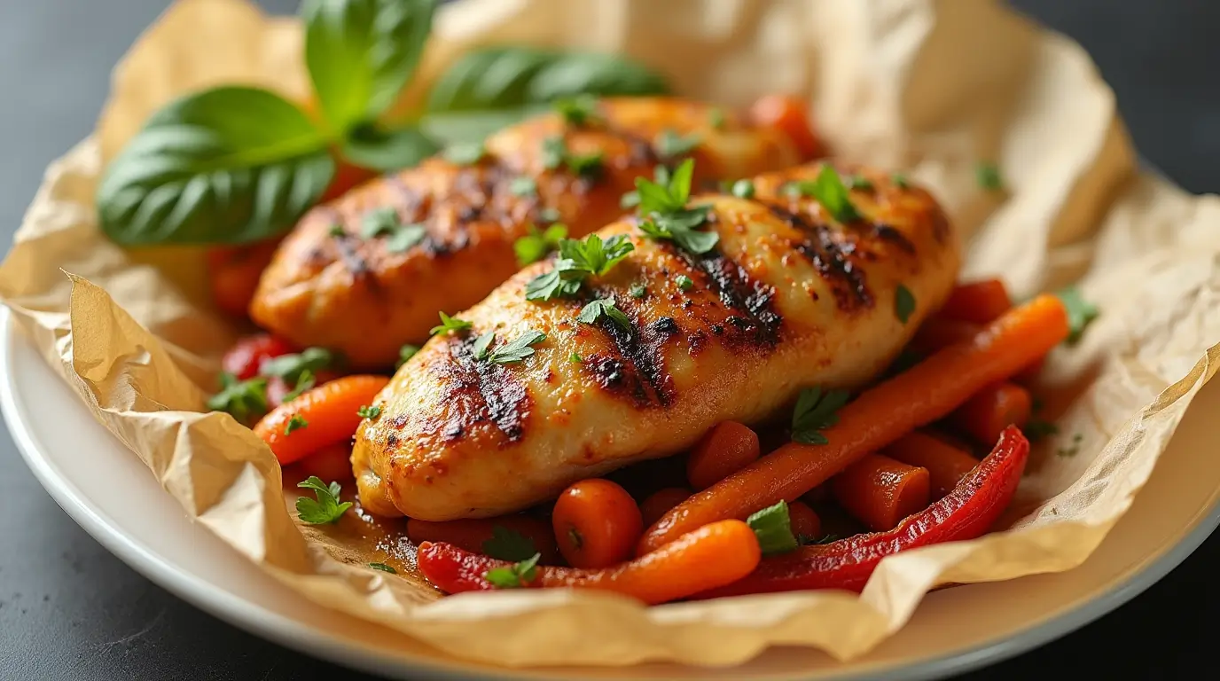 A beautifully plated dish of Baked Chicken in Parchment Paper, showcasing the tender chicken breast, roasted vegetables, and fresh herbs.