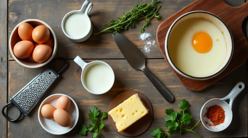 An overhead view of ingredients for Eggs en Cocotte, including eggs, cream, cheese, butter, herbs, and ramekins, placed on a rustic wooden table.