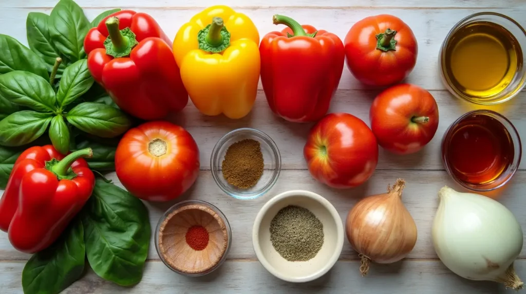 All the fresh ingredients for authentic Italian peperonata, including bell peppers, tomatoes, onions, garlic, and basil.