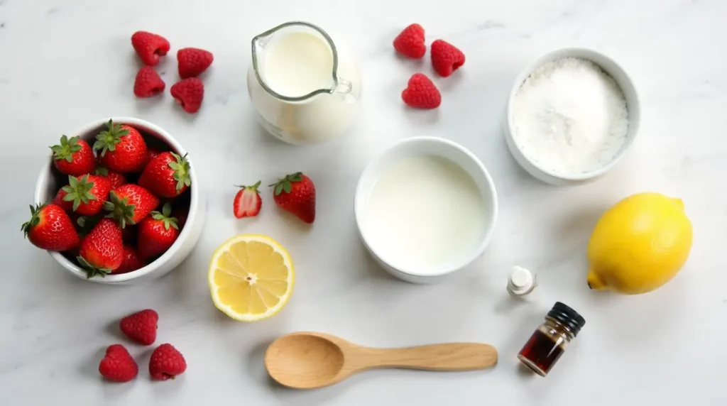 Fresh ingredients for strawberry and raspberry ice cream.