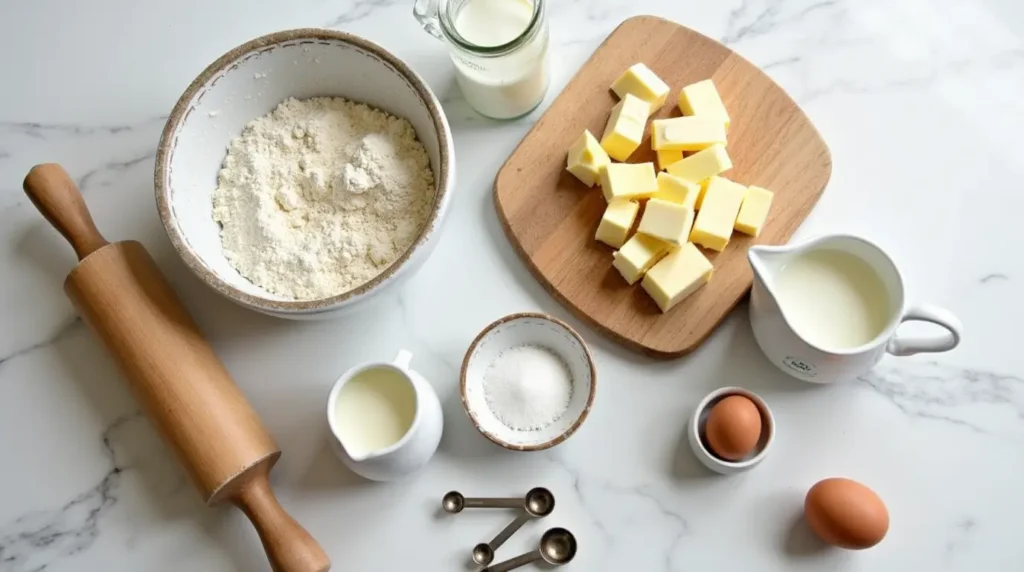 Ingredients for homemade Gipfeli, including flour, butter, milk, sugar, yeast, and an egg, beautifully arranged on a marble countertop.