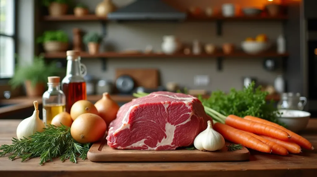 All ingredients for pot roast for one recipe neatly displayed on a wooden kitchen counter.
