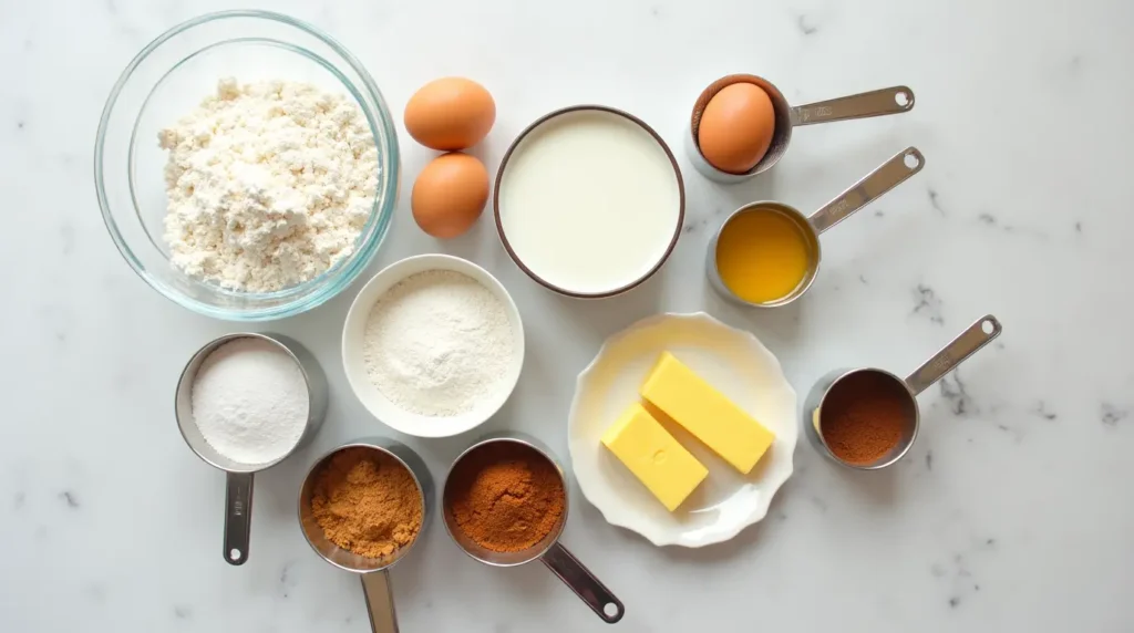 Ingredients for old-fashioned doughnuts, including flour, sugar, eggs, buttermilk, baking powder, cinnamon, nutmeg, and unsalted butter.