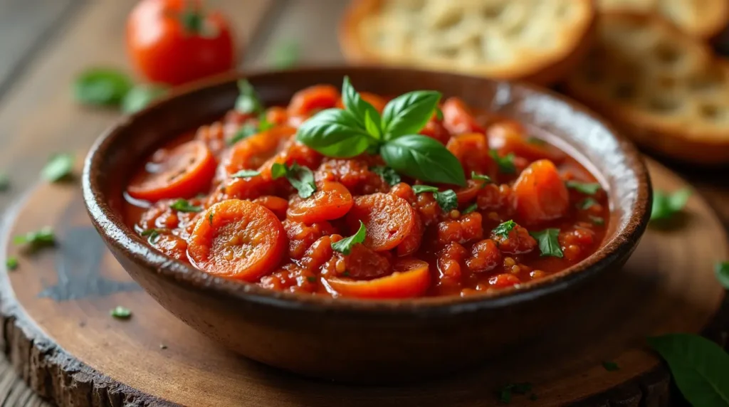 A slice of peperonata served with pasta, showcasing the rich, vibrant vegetables and savory sauce.