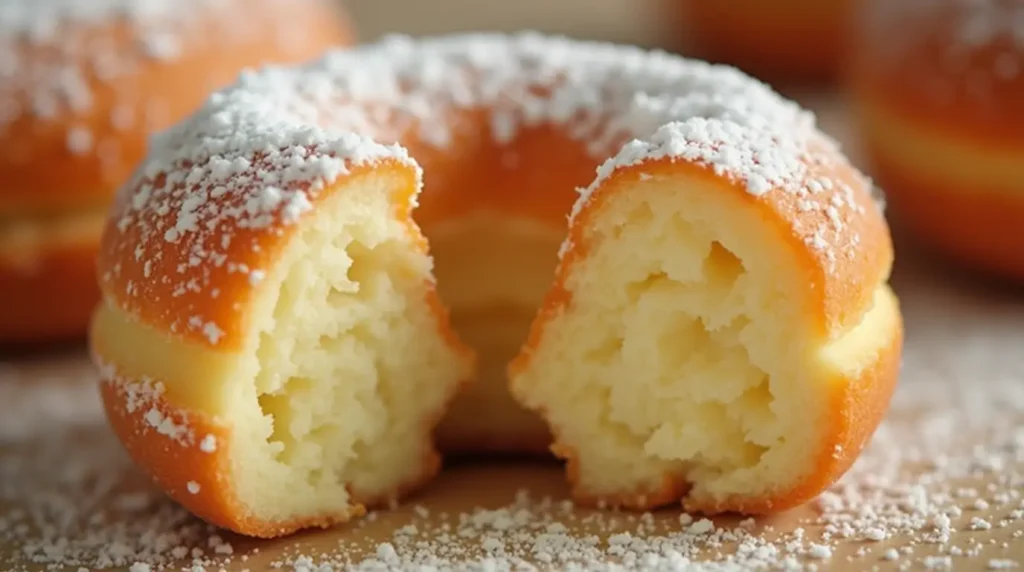 A slice of old-fashioned doughnut with a soft interior and crispy golden exterior.