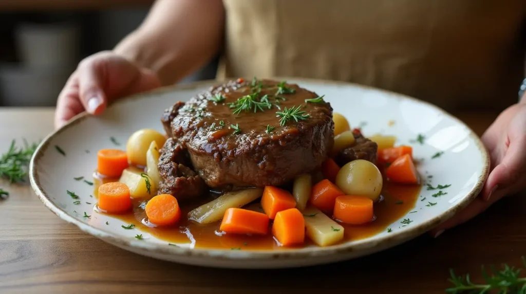 A close-up of a slice of pot roast for one, showing tender beef and vegetables in gravy.