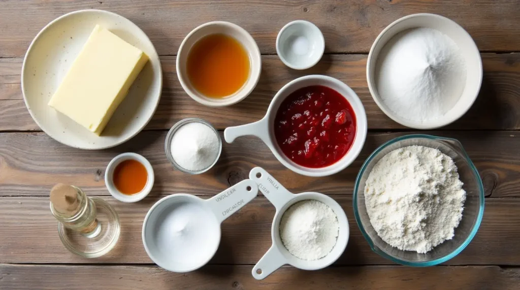 Ingredients for Strawberry Jam Cookies arranged on a rustic table.