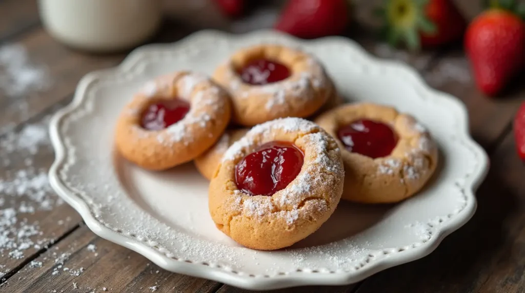Close-up of a sliced Strawberry Jam Cookie showing the jam filling.